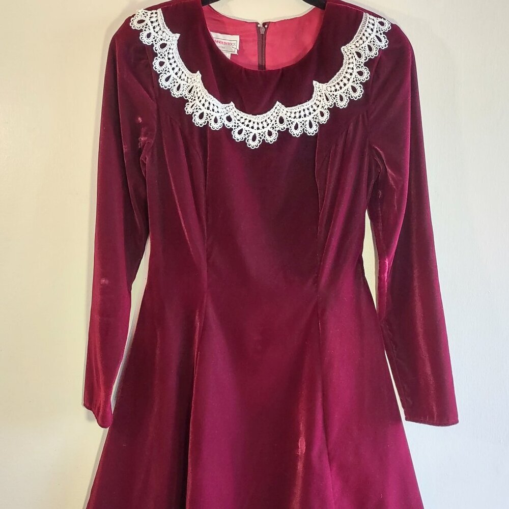 Vintage Gunne Sax Jessica McClintock Cranberry Red Velvet Dress USA Women Sz 5/6 - Picture 1 of 11